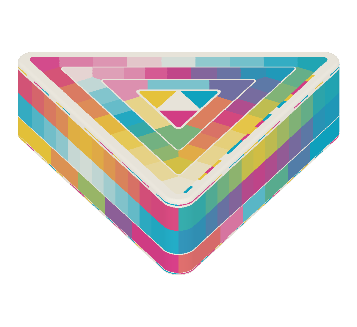 Rounded calibration prism with three rings of similar width, four pure center patches and thin full-length identification strips in cyan, magenta, yellow and white